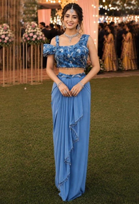 Aqua Blue Lycra Beads and Embroidered Work Classic Saree for Ceremonial